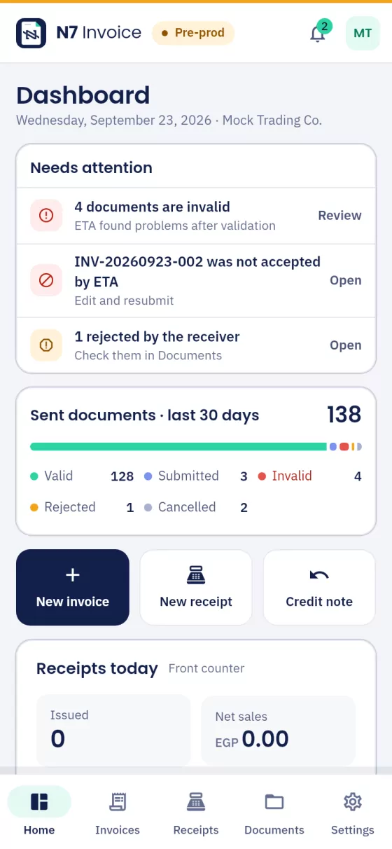 N7 Invoice on a phone: the dashboard and what needs attention