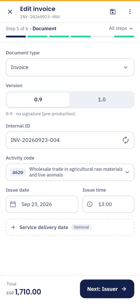 The invoice editor on a phone in simple mode, one step at a time
