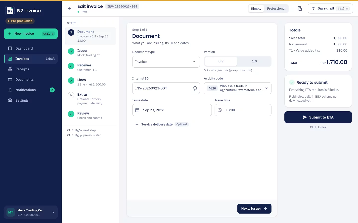 The invoice editor in simple mode: the steps, the document step and the totals with Ready to send